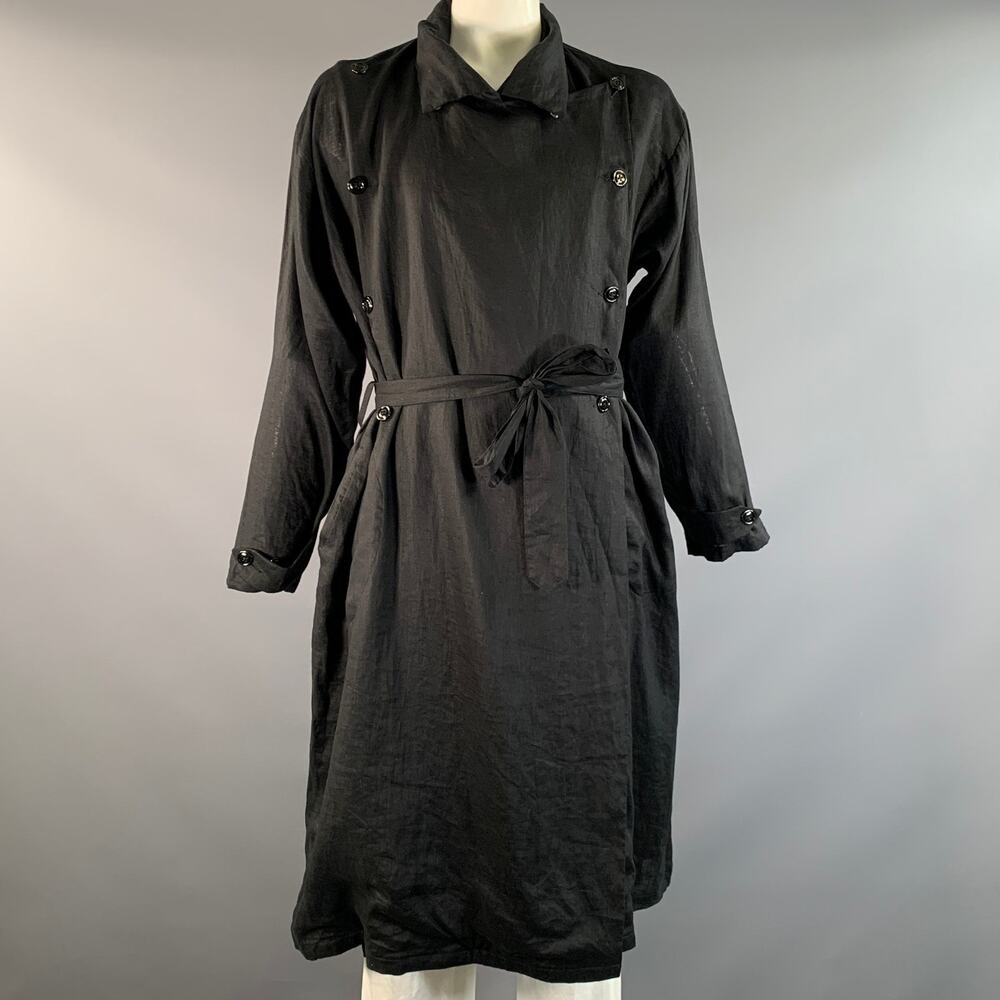 MONITALY Size L Black See Through Linen Double Breasted Coat